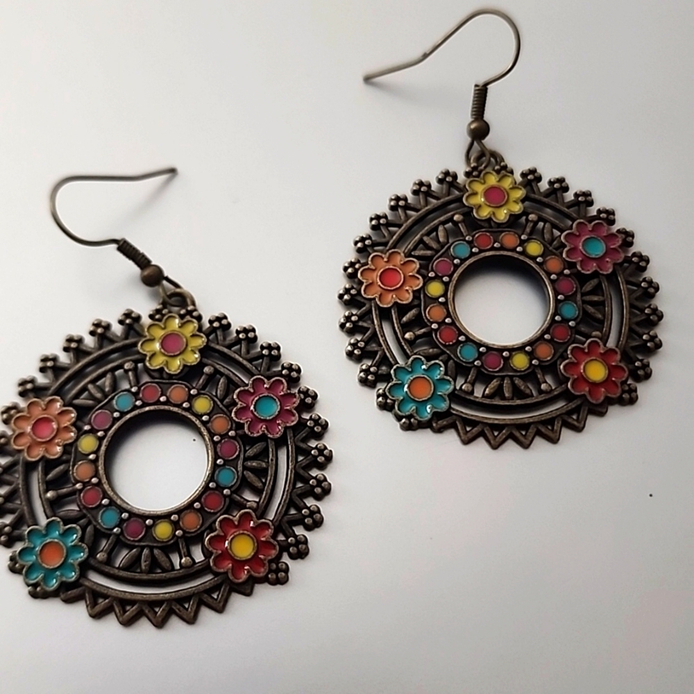 Bronze BOHO HIPPIE FLOWER DISC COLORFUL EARRINGS